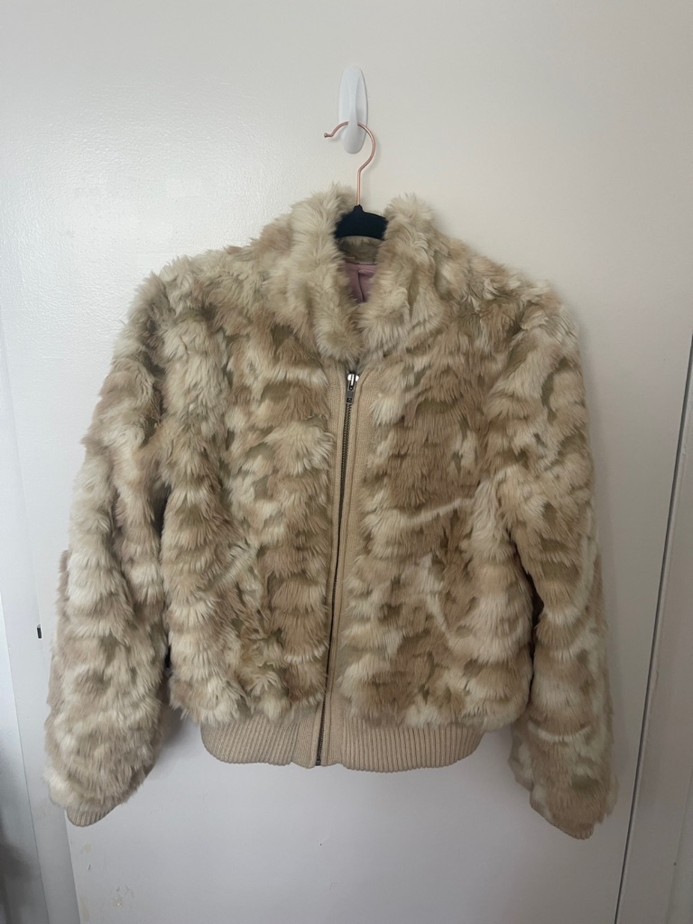 Free People Beige Faux Fur Bomber Jacket